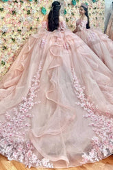 Ball Gown Off Shoulder Sleeveless 3D Flower Appliques Beaded Crystal Ruffles Pink Tulle Quinceanera Dress Formal Evening Dress Brthday Party Gown For Sweet 16